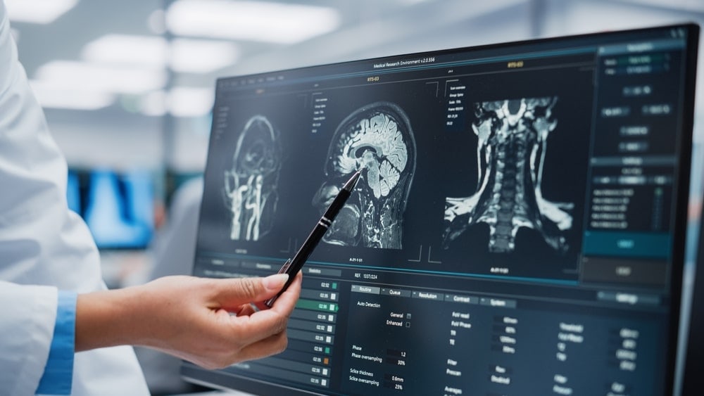 X-ray Scan Doctor Pointing With A Pen On A Brain X-ray Scan